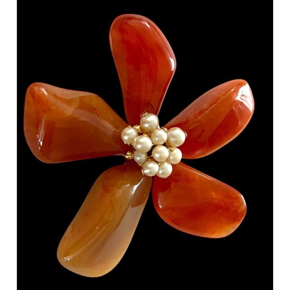 Orange Carnelian Flower Brooch Pin Faux Pearl Center Vintage Jewelry 3” MCM - Picture 3 of 8